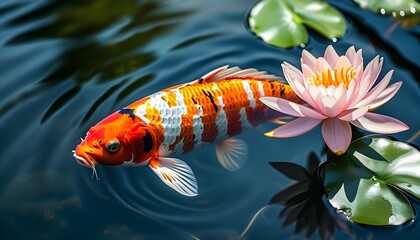 Graceful koi fish gliding in a sunlit pond with shimmering scales, accompanied by a delicate pink water lily, creating an elegant and serene natural scene.