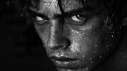 Wall Mural - Intense Portrait of a Man with Water Drops on His Face