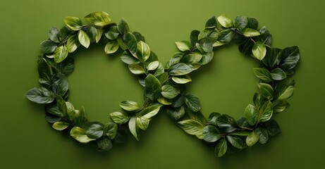 Green leaves arranged in the shape of an infinity symbol on a green background.