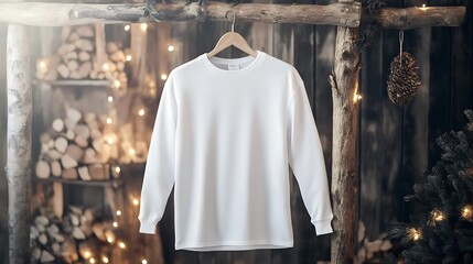 Wall Mural - A cozy white long-sleeve shirt hangs against a rustic backdrop adorned with warm lights and wooden textures.