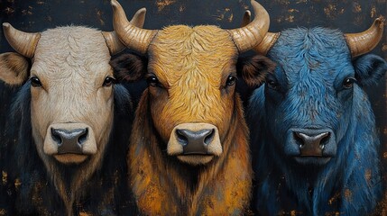 Wall Mural - Three Bulls Portrait - Realistic Animal Painting