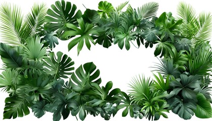 Wall Mural - Vibrant tropical foliage and colorful flowers creating a lush nature frame on a clean white background