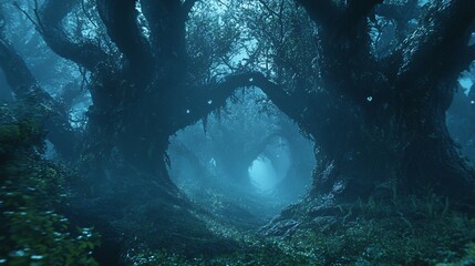 Wall Mural - A Foggy Forest Path with Glowing Eyes