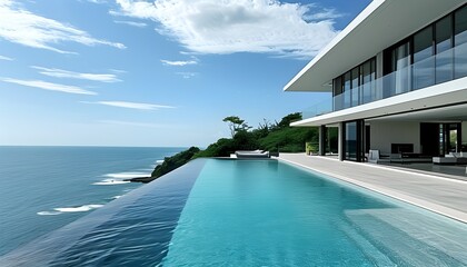 Contemporary oceanfront villa with an exquisite infinity pool, characterized by large windows and minimalist design, embodying luxury and relaxation.