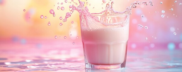 A splash of milk in a glass against a colorful background.