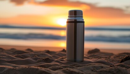 Stainless steel travel mug on sandy beach at sunrise, embodying relaxation, adventure, morning routine, nature, and hydration