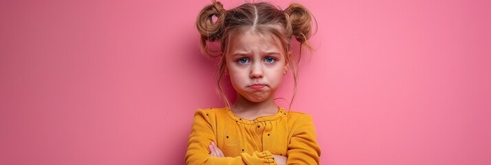 Pouting girl in yellow sweater against pink background for emotion, facial expression, and childrelated projects