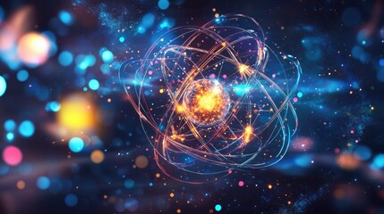 Wall Mural - a glowing abstract representation of an atom with a bright nucleus and orbiting electrons, set again