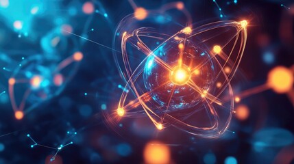 Wall Mural - a glowing atomic model with orbiting electrons against a dark blue background with interconnected li