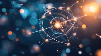 Wall Mural - abstract atom structure with glowing particles in dark background.