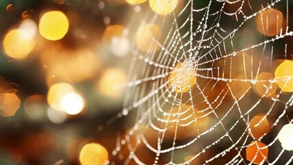 Wall Mural - Spiderweb covered in dewdrops shines in warm bokeh lights, creating a magical vibe. The intricate pattern sparkles, making a festive winter background