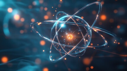 Wall Mural - abstract representation of an atom with glowing nucleus and electron orbits, blue and orange color s