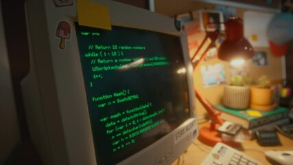 No people side shot of old retro computer monitor decorated with stickers with running green programming code on black screen in room