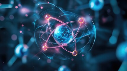 Wall Mural - a 3d illustration of a glowing atom with a nucleus and electrons orbiting around it, set against a d