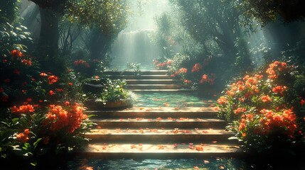 Wall Mural - Enchanted Forest Path with Waterfall and Flowers