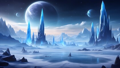 Wall Mural - Otherworldly icy landscape featuring majestic ice spires, serene frozen lakes, and a vibrant alien sky adorned with strange constellations