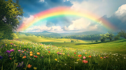 Wall Mural - A beautiful rainbow arches over a lush green meadow filled with wildflowers.