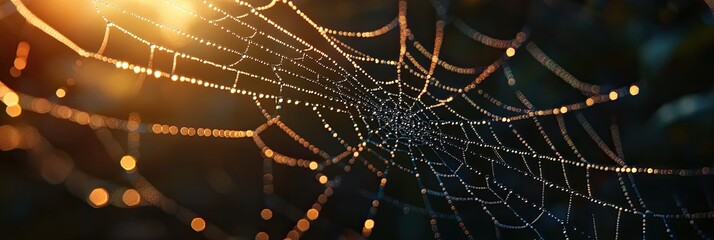 Silken spider web texture glistening with morning dew in a close - up shot