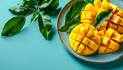 Wall Mural - Vibrant Diced Mango Garnished with Green Leaves Set Against a Turquoise Background