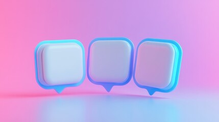 Three blank speech bubbles with a blue outline, floating in the air against a pink and blue gradient background.