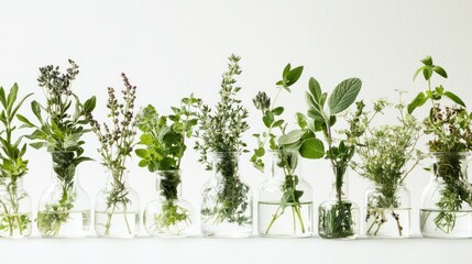 Poster - A Row of Glass Bottles Filled with Various Green Herbs