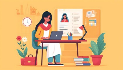 flat vector illustration of Young Indian software developer and engineer working on a project operating laptop