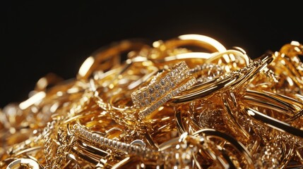 Collection of luxury gold jewelry with diamonds on a black background.