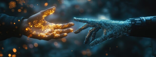 Wall Mural - two hands, one glowing with fire, the other with ice, reach towards each other against a bokeh backg