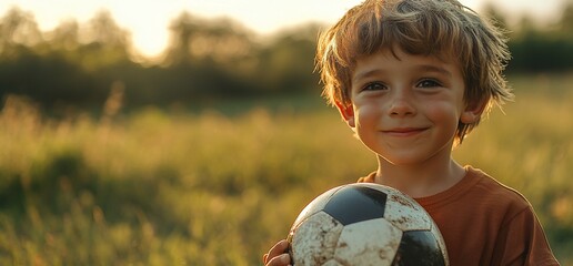 A young boy smiles while holding a soccer ball outdoors.