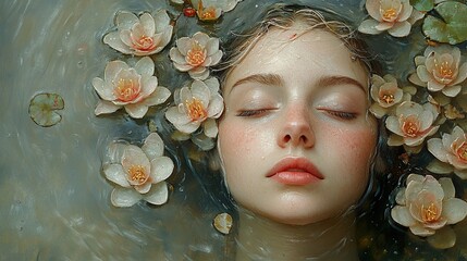 Wall Mural - Woman Submerged in Water Lilies: A Dreamy Painting