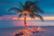 © MarGa - Tropical Palm Tree Wrapped in Christmas Lights with Seashell Ornaments by the Ocean