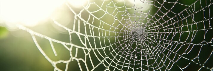 Silken spider web texture glistening with morning dew in a close - up shot