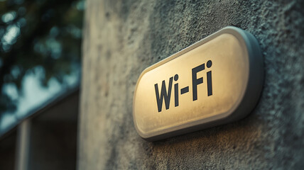 Close-up of a Wi-Fi sign on an outdoor wall.