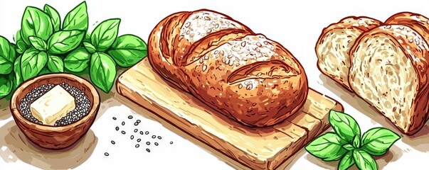 Wall Mural - Freshly Baked Whole Grain Loaf in Anime Style