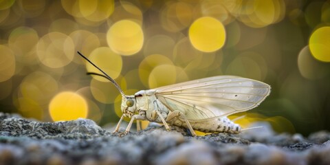 Sticker - A close-up of a delicate insect with translucent wings. AI.