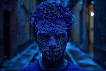 Sticker - A person with a blue light surrounding their face. AI.