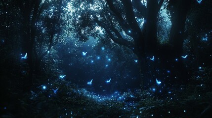 Poster - A Nighttime Forest Filled with Glowing Butterflies and Fireflies