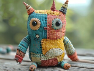 Canvas Print - A colorful patchwork toy with big eyes. AI.