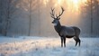 © Endry Creator - Generative AI, a deer standing in the snow with the sun shining through the trees behind it and the snow on the ground, wildlife photography, a stock photo, naturalism
