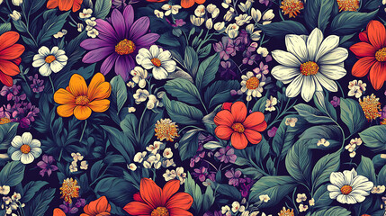 Wall Mural - A vibrant, colorful floral pattern featuring a variety of blooms.