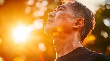 Man Looking Up at the Sun with Golden Light Background