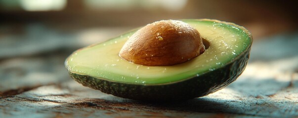 A close-up of a halved avocado showcasing its creamy texture and seed.