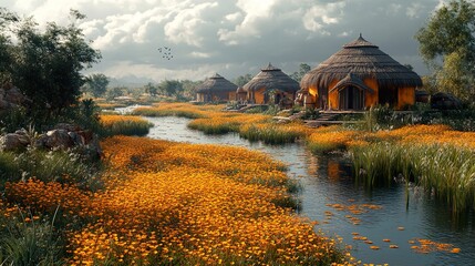 Sticker - River of Golden Flowers: A Tranquil Village Scene