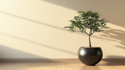 Sticker - A potted plant in a black pot against a beige wall with soft sunlight casting shadows on the floor.