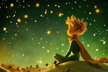 Depict the Little Prince gazing at the stars and contemplating the mysteries of the universe.