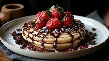 Wall Mural - A stack of three fluffy pancakes drizzled with chocolate sauce and topped with fresh strawberries and chocolate chips.