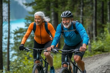 older couple with grey hair, dressed in modern athletic wear, biking together on a scenic trail.