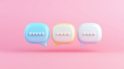 Three colorful 3D speech bubbles with ellipsis dots on pink background.