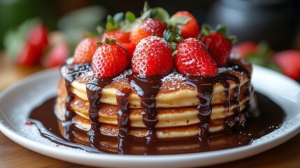 Wall Mural - A stack of fluffy pancakes topped with fresh strawberries, chocolate sauce, and powdered sugar on a white plate.