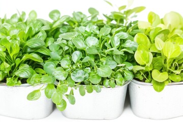 Wall Mural - Three Potted Green Plants Close-Up, Fresh Healthy Foliage in Silver Containers